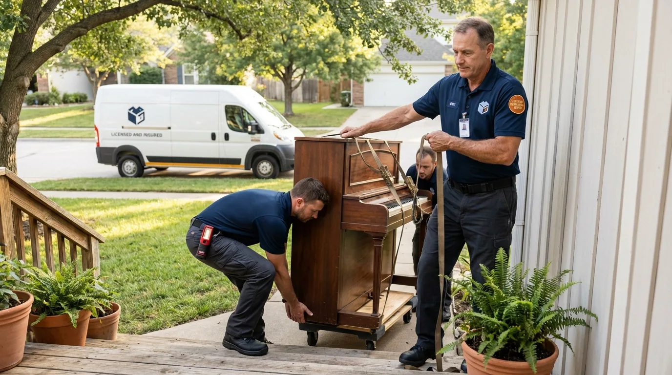 Licensed piano movers securing grand piano in Saint Francis, KS