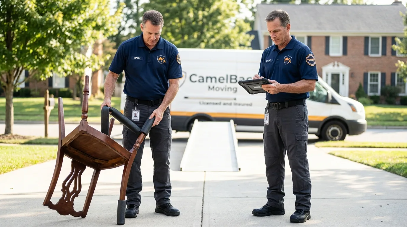 Movers inspecting furniture for damage prevention before loading in Saint Francis, KS