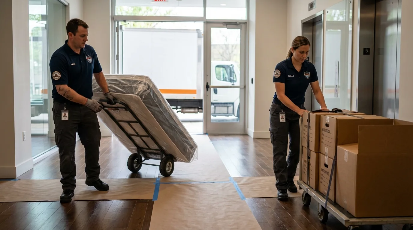 Professional apartment movers loading elevator in Saint Francis, KS