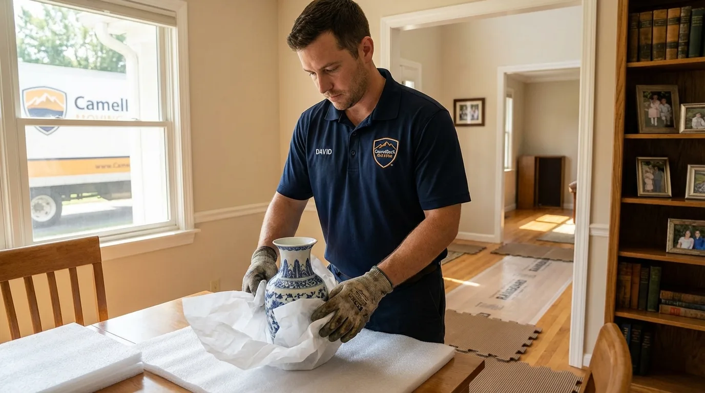 Professional crew carefully wrapping antique vase for senior downsizing move in Saint Francis, KS